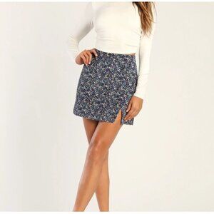 Lulus Darling Babe Blue Floral Print Corduroy Mini Skirt size small new with tag